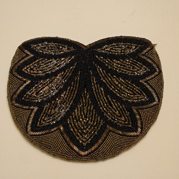 Vintage CKC Beaded Lotus Design Clutch Bag Black & Bronze Zippered Closure - Picture 1 of 6